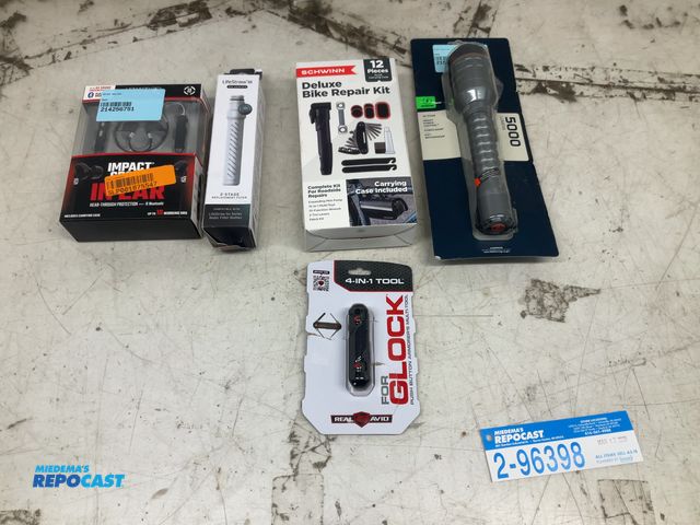 Lot 2-96398 - Lot of (5): (1) flashlight, (1) Glock tool, (1) bike repair kit, (1) life straw, and (1) headphones