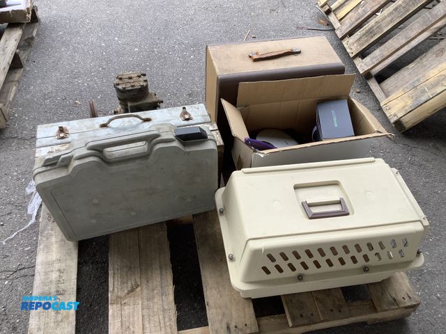 Lot 2-27210 - Skid lot of misc items including: dog kennel, Milwaukee and DeWalt drills, vintage sewing machine, g...