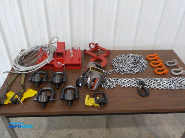 Lot 2-34234 - Lot of rigging items. JET one ton chain hoist. (5) clevices. (3) 4 1/2 ton. (2) five ton . (7) lifti...