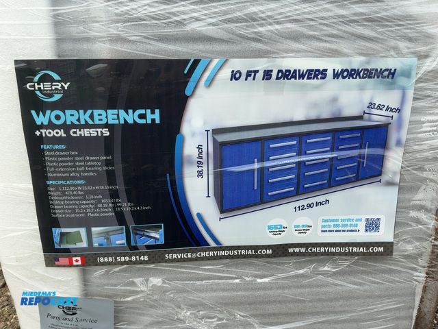 Lot 2-21141 - New Chery Industrial 9'5" 15-Drawer Steel Workbench, Blue Cabinet Doors and Drawer Fronts, Two Cabin...