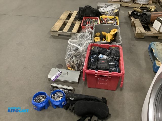 Lot 2-35024 - Large lot of tools and accessories including gloves, wrenches, DeWalt battery powered tools, washers...