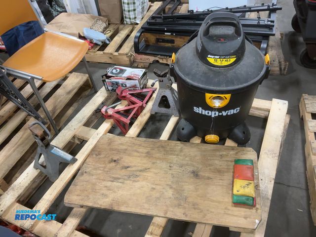 Lot 2-63340 - Skid lot of a wooden under car creeper, a Trailer Spare Tire Carrier, (4) Jack Stands, and a 12gal S...