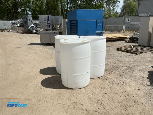 Lot 2-64044 - lot of 3 55 gallon white plastic barrels with 2 removable bungs, contained caramel syrup