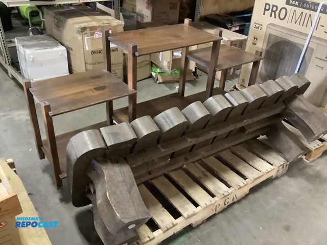 Lot 2-67930 - Lot of (2) 1 wooden display cabinet 6 shelves, and wooden bench 59” long