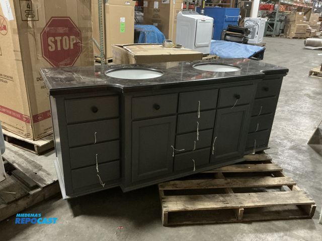 Lot 2-74584 - Blue/grey bathroom storage vanity with (2) countertop sinks