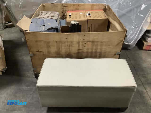 Lot 2-99039 - Crate of miscellaneous items including (2) High scratch and dent Microwaves, a 37” x 17” x 18” stora...