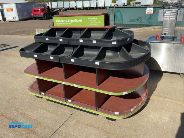 Lot 2-22893 - Used Merchandising Table on Casters, has plastic upper bins, lower shelves, showing wear with nicks ...
