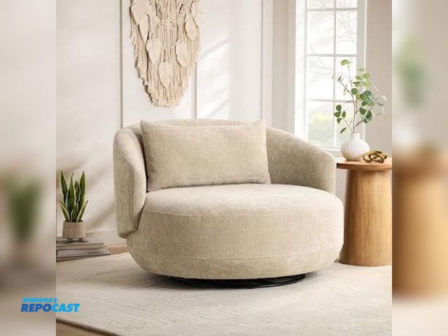 Lot 2-95104 - Tan Gray Sofa Love Seat Cole and rye oversized swivel chair Circular fabric couch new