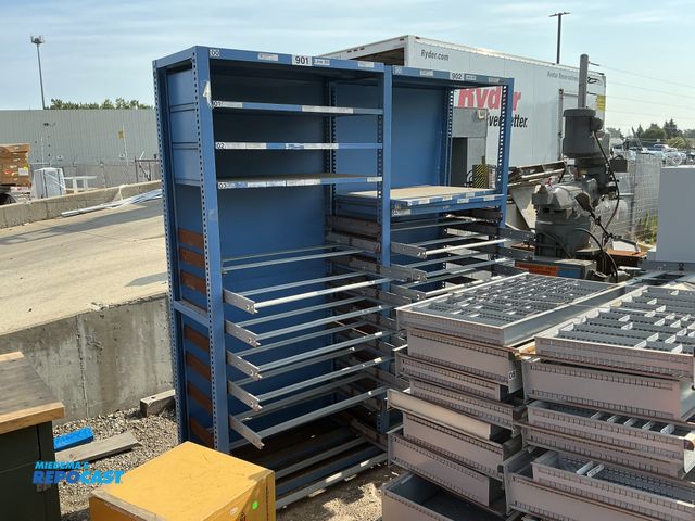 Lot 2-24697 - Metal blue industrial storage rack for sliding out shelves, size: 83”x21.5”x86.5”H