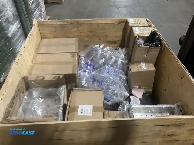 Lot 2-60448 - Crate of Miscellaneous RV Parts Including Black Blinds, Hand Sanitizer Smaller Sinks, and More