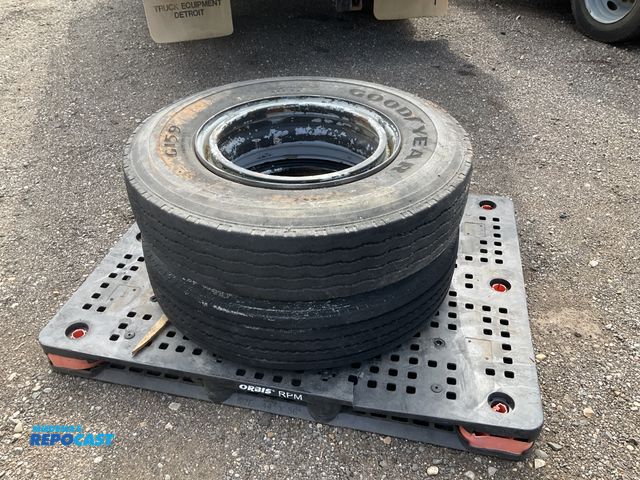 Lot 2-11846 - (2) 10R22.5 semi tires on steel Dayton style wheels, used
