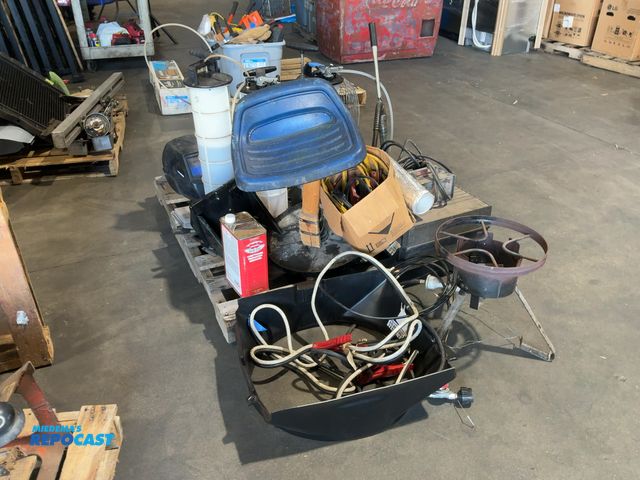Lot 2-92717 - Skid of miscellaneous garage keeper items. Including a swivel stool, jumper cables, fluid evacuators...