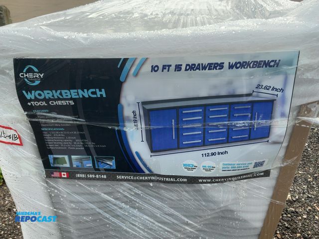 Lot 2-40974 - New Chery Industrial 9'5" 15-Drawer Steel Workbench, Blue Cabinet Doors and Drawer Fronts, Two Cabin...