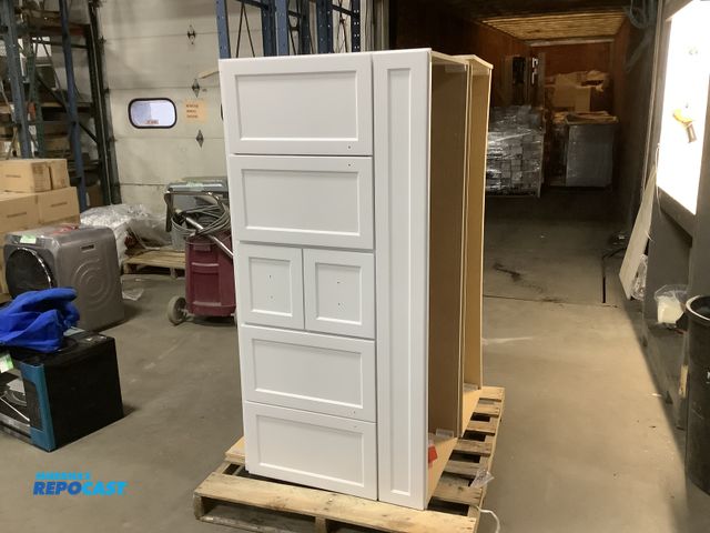 Lot 2-63354 - 2 Wood 60”x28.5”x19.5” White wooden cupboards (6) drawers total, they need fixing