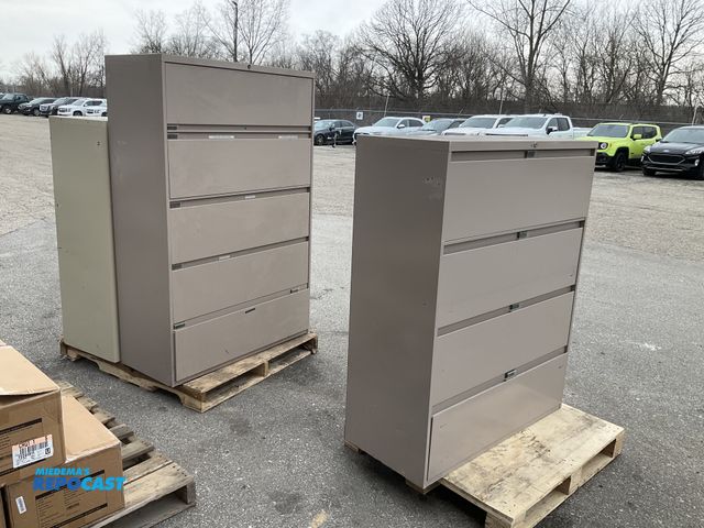 Lot 2-60806 - Lot of (3) Horizontal file cabinets, (2) 4 drawer and (1) 5 drawer, used condition