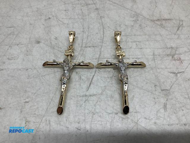 Lot 2-74041 - New (2) yellow gold crucifix crosses charms (figures in white gold)