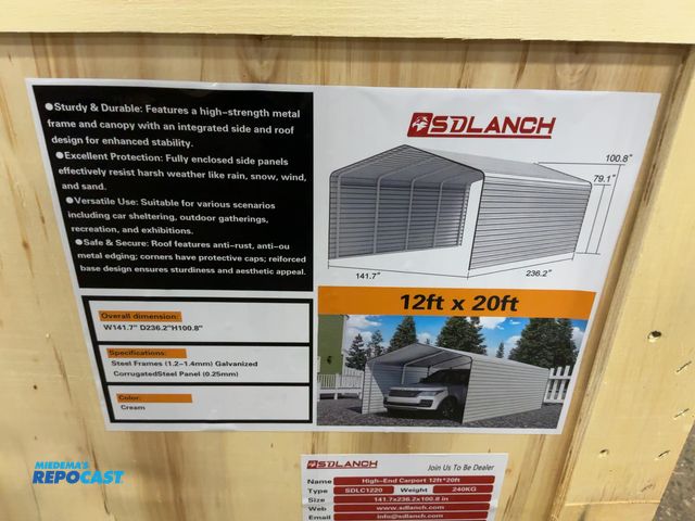 Lot 2-21762 - New SDLANCH 12’x20’ Carport with Enclosed Sidewalls, Cream Color, 141.7” wide x 236.2” deep x 100.8”...