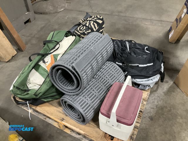 Lot 2-64218 - Lot of various camping gear, 1 Coleman lunchpail/cooler, 2 thermarest sleeping mats, 2 hiking backpa...