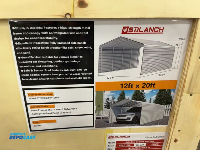 Lot 2-21877 - New SDLANCH 12’x20’ Carport with Enclosed Sidewalls, Cream Color, 141.7” wide x 236.2” deep x 100.8”...
