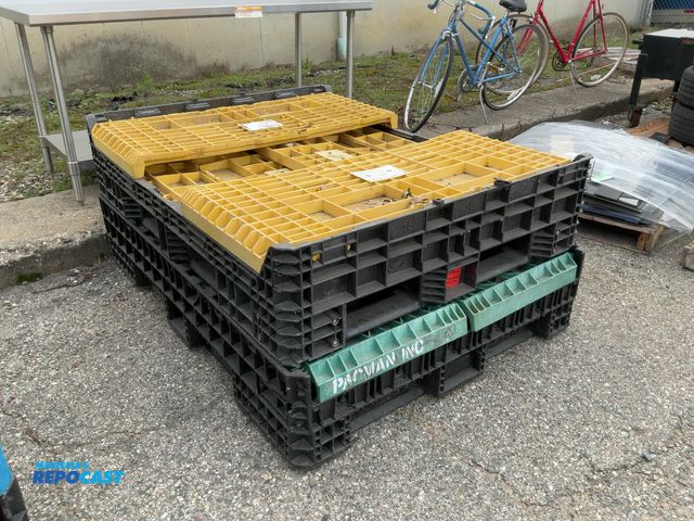 Lot 2-69432 - (2) plastic foldable crates (one yellow/black and one green/black)
