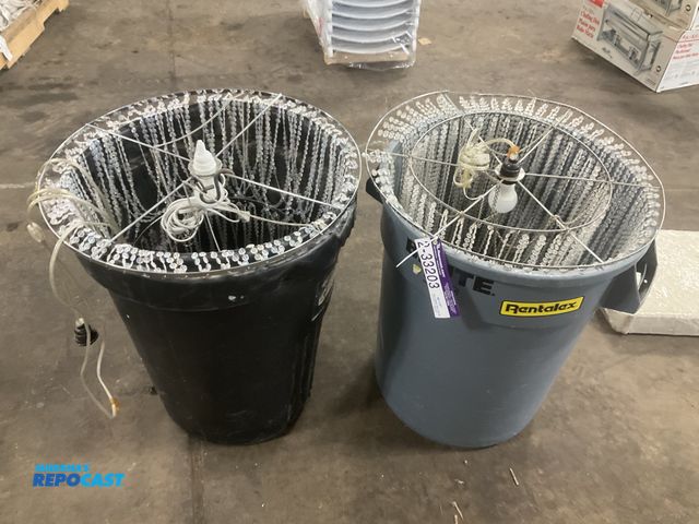 Lot 2-33203 - (2) 24” D chandeliers and (2) 32 gallon poly trash cans, used