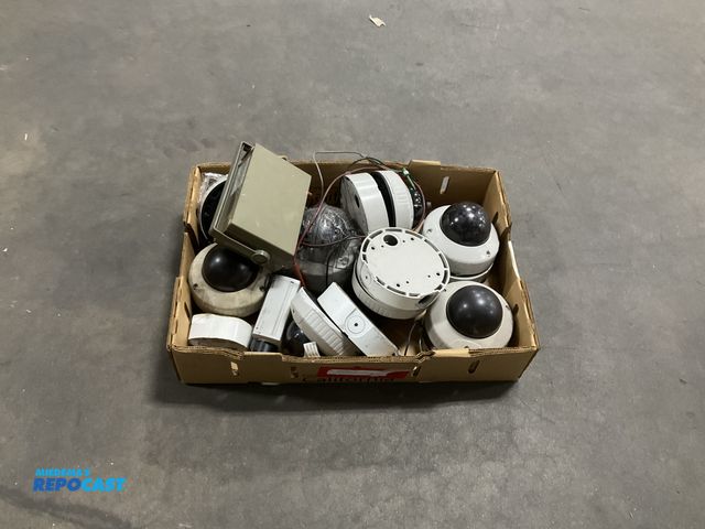 Lot 2-27067 - Box of assorted electronics and security cameras including: Panasonic Color CCTV Cameras WV-CW474S, ...