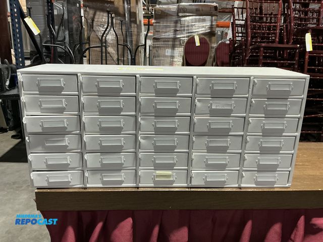 Lot 2-55163 - Lot of (1) 30 slot lockable metal mailbox 35“ x 9“ x 15“ tall each section has 120 V plug  (RSSC)