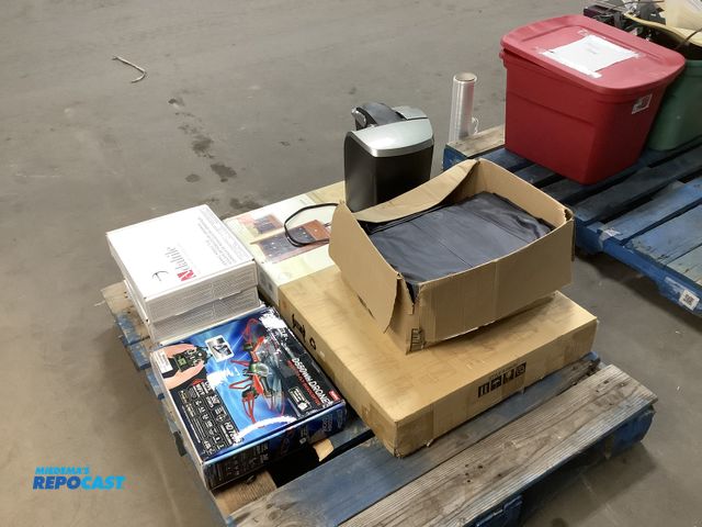 Lot 2-73400 - Lot of tarps, (3) daltile ceramic mosaic floor tiles, a Innovations wine curio that holds up to 24 b...