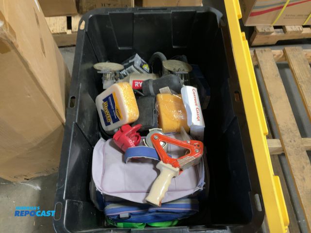Lot 2-74933 - Bin filled with miscellaneous shop tools/equipment: gauge, tape gun, bench grinder, sponges, more