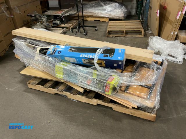 Lot 2-27835 - Skid Lot of Assorted Wood Planks, Tower Fan, Leaf Blower, Ladder, and More