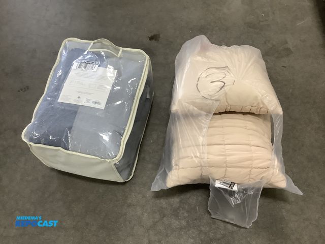 Lot 2-99943 - Threshold kind sized denim 3 piece comforter set and (2) 19” x 19” peach outdoor pillows
