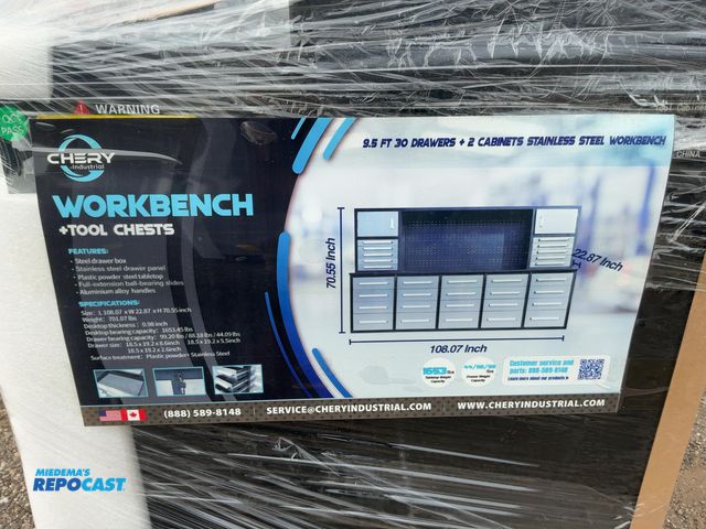 Lot 2-21050 - New Chery Industrial 9' 30-Drawer Steel Workbench, Two Cabinet Doors, Stainless Steel Drawer/Door Fr...
