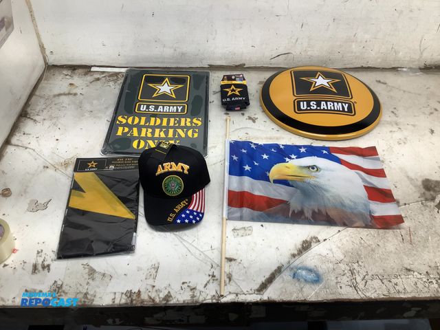 Lot 2-74520 - Lot of US Army Items Including Banner, Hat, Sign, Can Cooler, and Flag