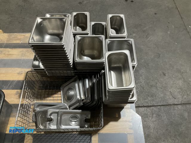 Lot 2-55065 - Lot of stainless steel hotel pans including approx. (42) assorted 1/4 sized pans with (8) stainless ...