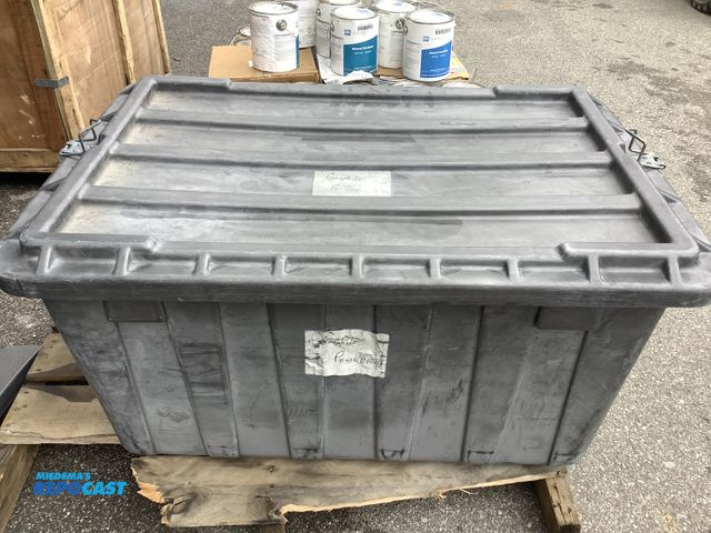Lot 2-27934 - Large tote with latchable lid, approx. 80 gallon, 27x39x19inches, used condition