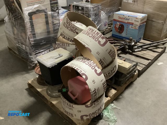 Lot 2-92308 - Skid lot of miscellaneous items including various concrete forms, reddy heater 35,000 BTU, gas cans,...