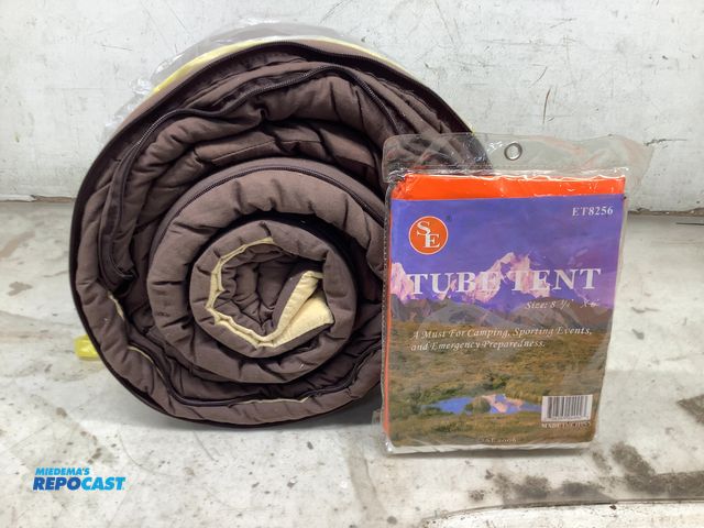 Lot 2-27071 - Lot of (1) brown sleeping bag and (1) 8’ x 6’ tent ET8256