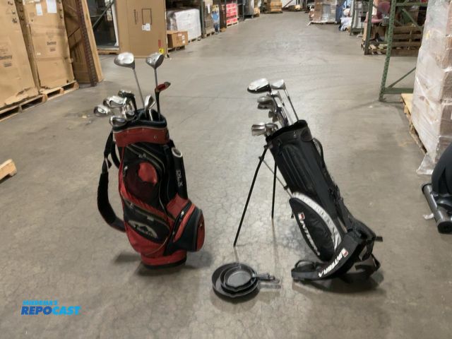 Lot 2-18141 - Sun Mountain SCB SLX golf bag, a Integra golf bag with stand, (26) golf clubs, and (3) cast iron pan...
