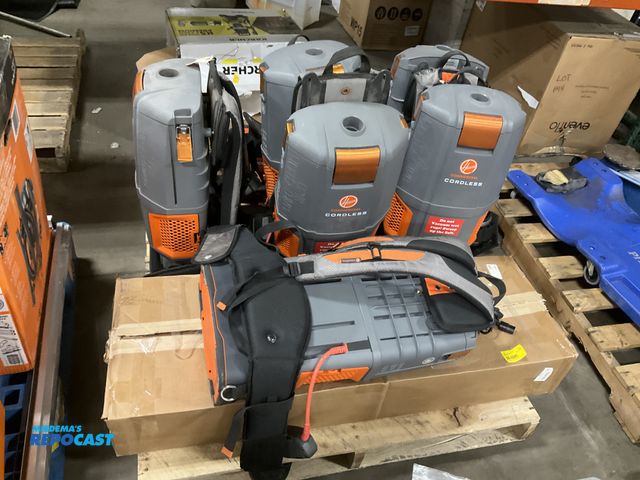 Lot 2-17039 - 5 hoover backpack vacs, batteries, chargers, hoses, most work but some need work