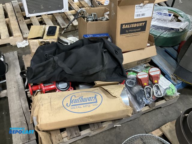 Lot 2-10316 - Skid lot of box of pistol grip grease guns tape gun electrical tape wire and other fastening or tyin...