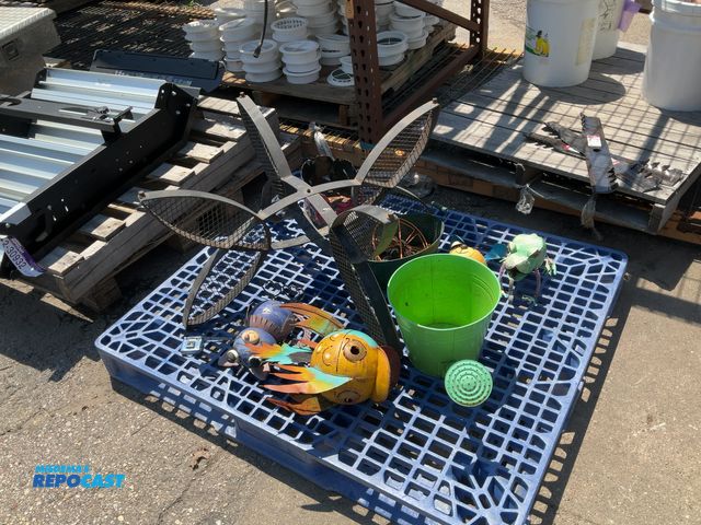 Lot 2-99242 - (10pc) Metal outdoor animal/basket decor and a black metal 34”x34”x18”H table base