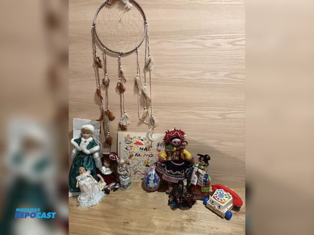 Lot 2-18587 - Tote of various toys and other items including a toy telephone, dream catcher, dolls, and more