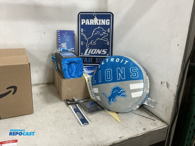 Lot 2-73433 - Lot of various Lions sports memorabilia including squish me plush pillow, aluminum sign, wooden hang...
