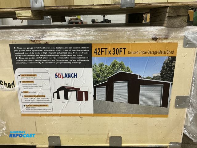 Lot 2-43027 - New SDLANCH 42’ x 30’ Triple Garage Metal Shed, Wine Red, NO DOORS INCLUDED, 1.5 MM Steel Frame, 0.3...