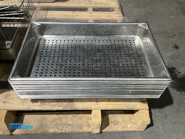 Lot 2-55063 - Lot of (20) full size, perforated stainless steel steam table pans. (Approx. 2” depth)