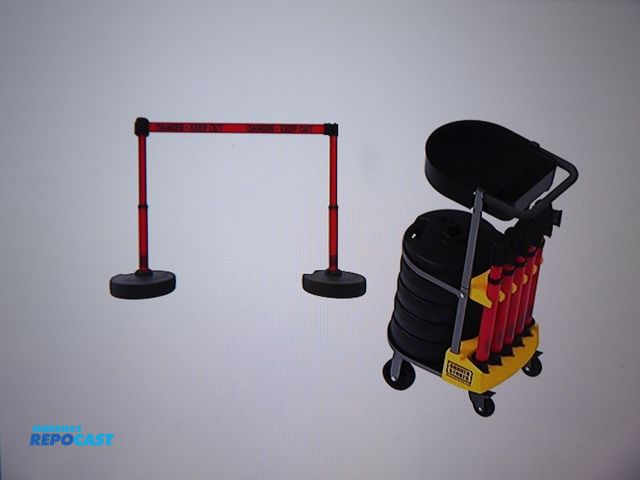 Lot 2-53264 - new belt barrier system 42" post h 15' belt length, red, 6 no of post message -danger keep out, adju...
