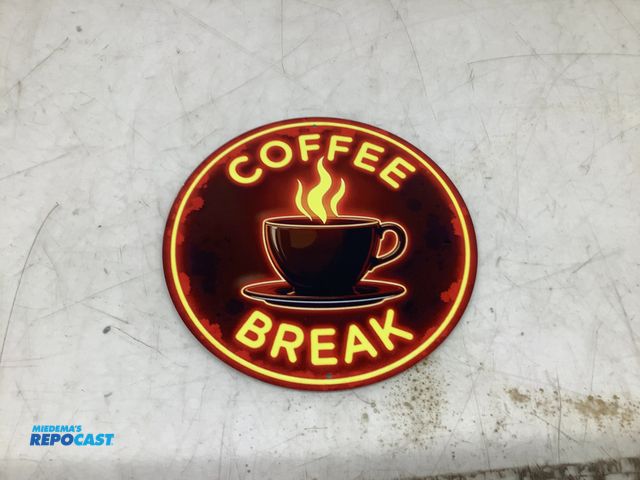 Lot 2-74505 - 7.75” Diameter Circular Metal “Coffee Break” Sign with Pre-Drilled Holes for Hanging