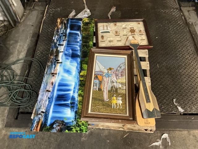 Lot 2-93371 - Skid lot of Waterfall Artwork, Circus Painting, 2 Oars, and Sailing Artwork