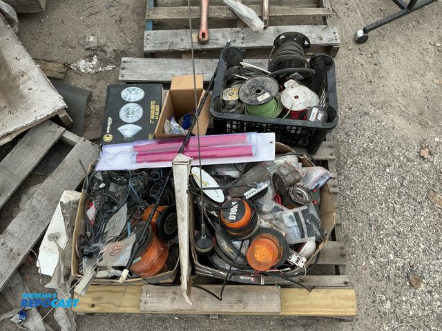 Lot 2-69657 - Lot misc items including wire rolls, headlights, oversized load flags, and various lights