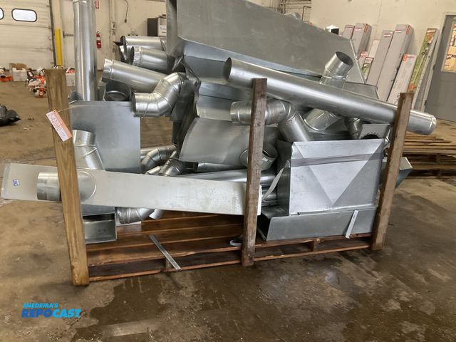 Lot 2-42980 - Skid of galvanized ducting including trunks, 6” vent pipe, adjustable angles, reducers, etc